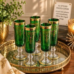RARE Czech Bohemian Emerald & Gold Aperitif Glasses • Enamel Accents • Set of 5